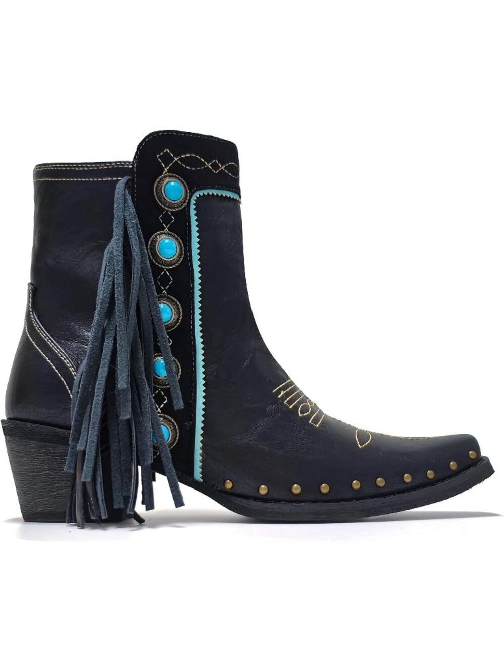 Women's Black Fringe Classic Cushioned Insole Ankle Boots with Turquoise Stones